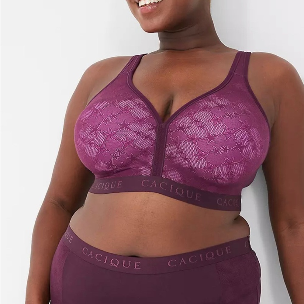 Cacique 46D Cotton lightly line no wire bra eggplant purple Star lace - Picture 4 of 8